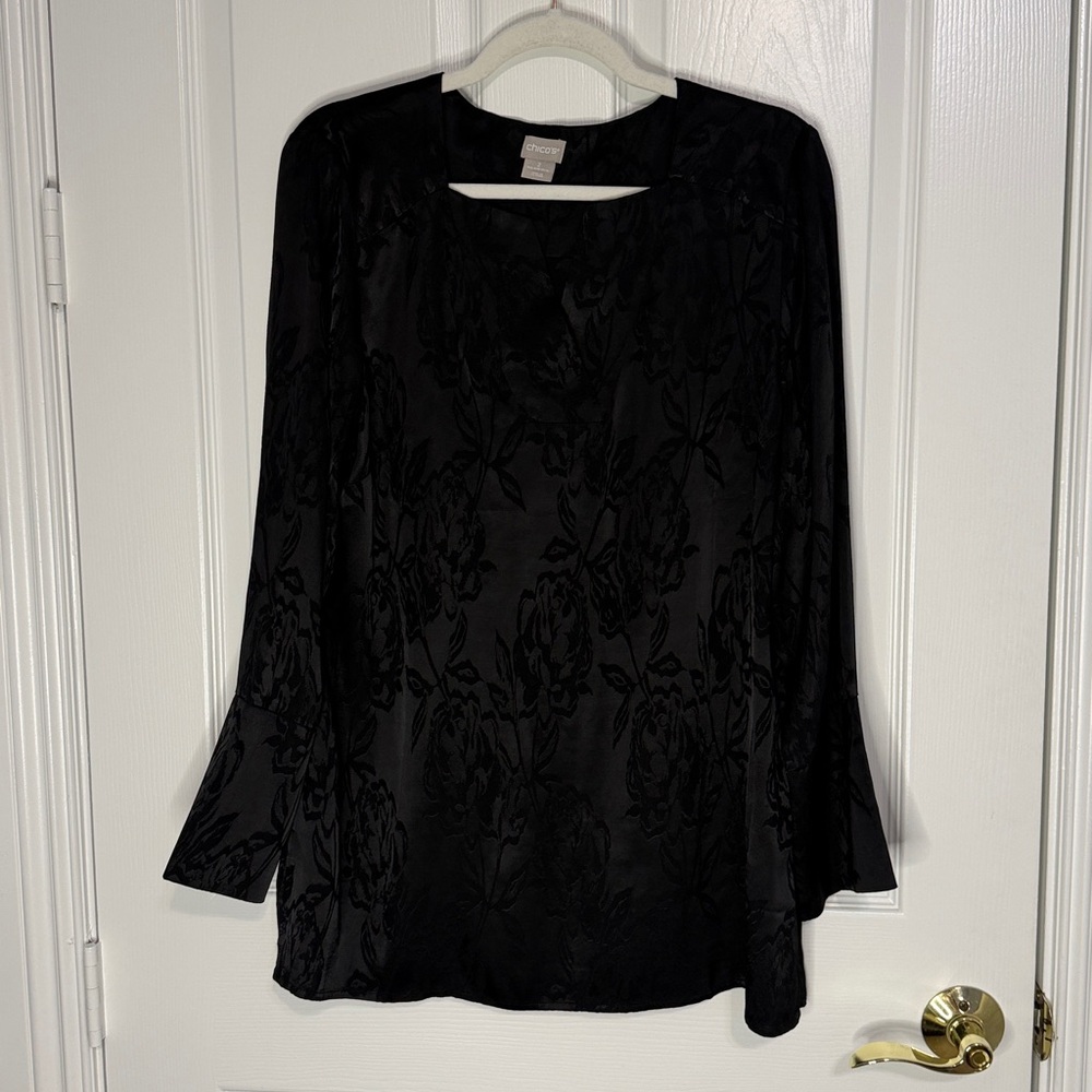 Chico's Elegant Black Long Sleeve Blouse 2 - Picture 7 of 9